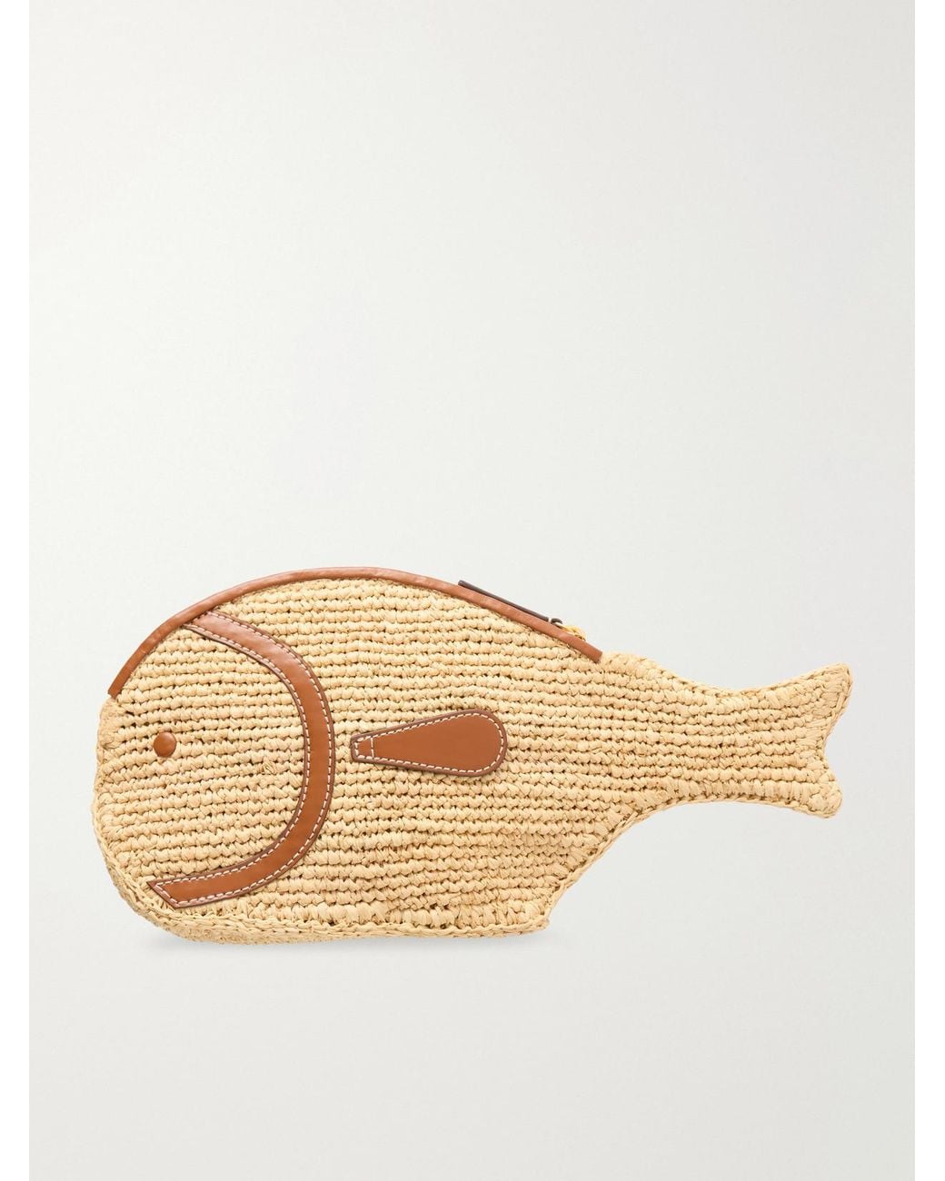 Staud Natural Pesce Leather-Trimmed Raffia Clutch