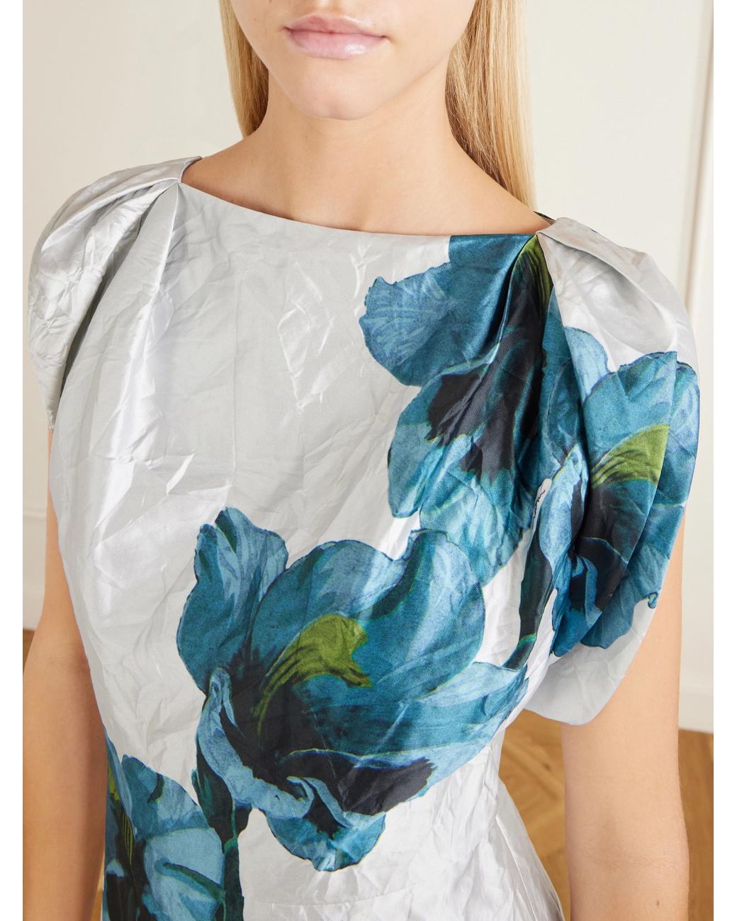Erdem Blue Floral-Print Textured Satin Midi Dress