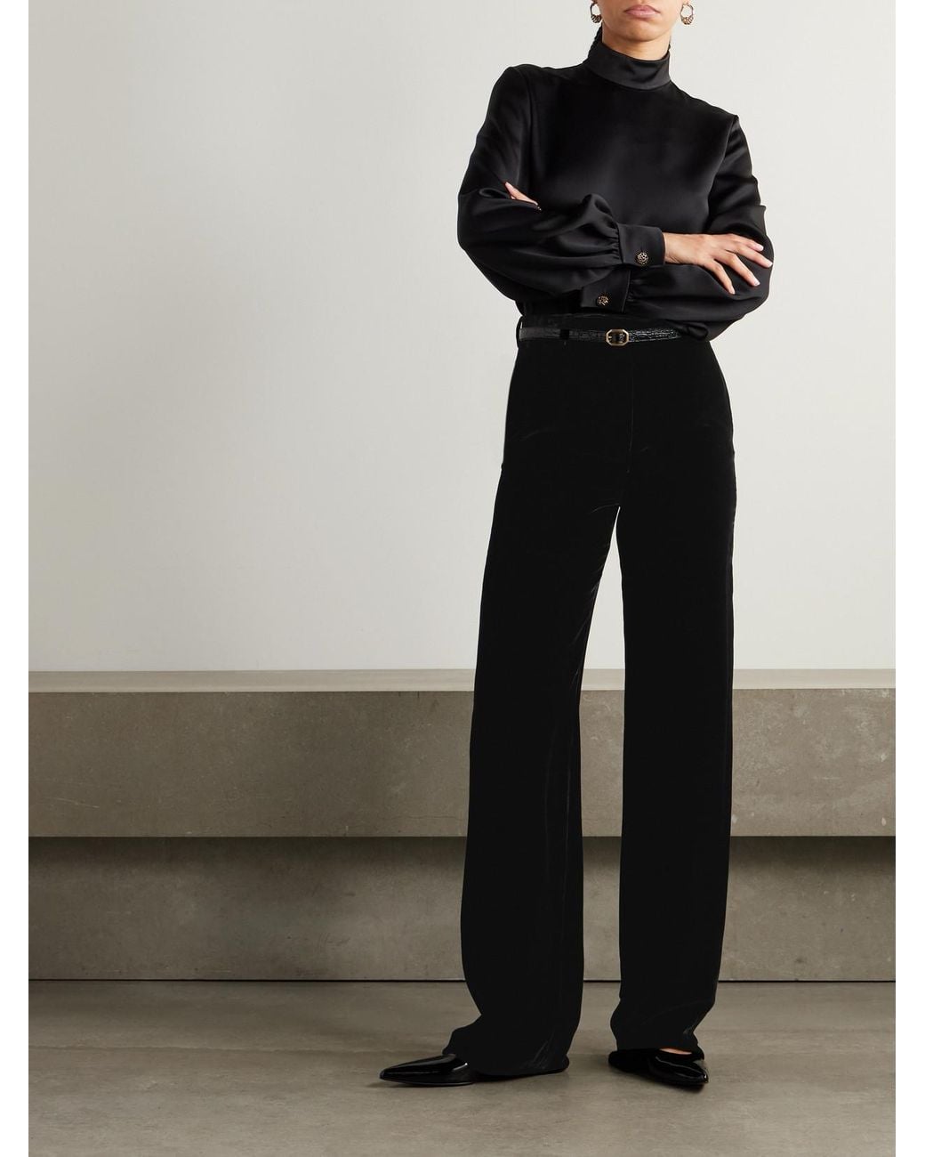 Loro Piana Black Goldie Velvet Wide-Leg Pants