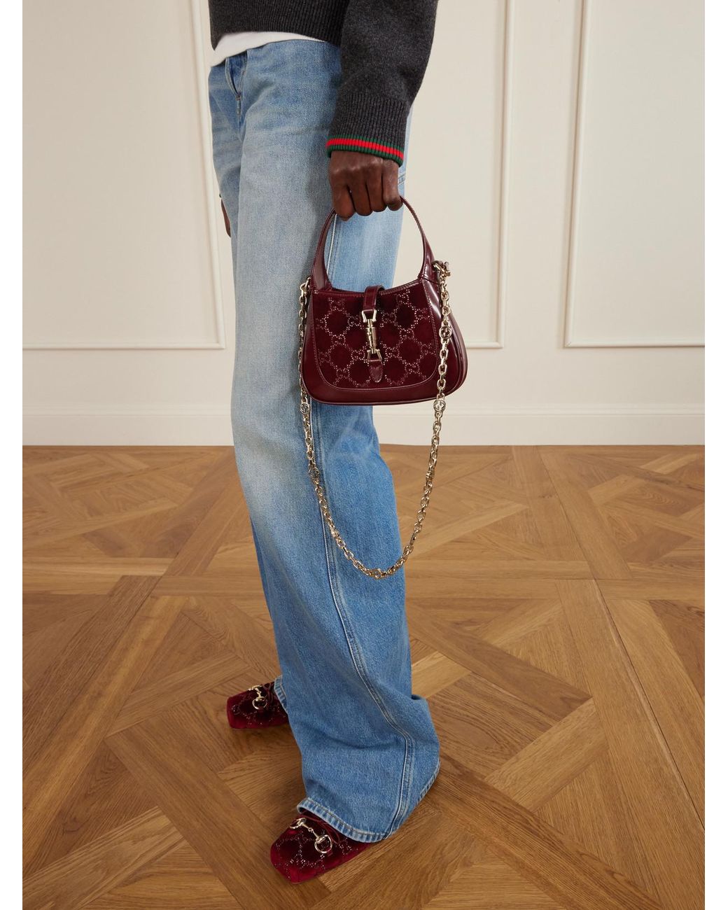 Gucci Red Jackie 1961 Crystal-Embellished Velvet And Leather Shoulder Bag