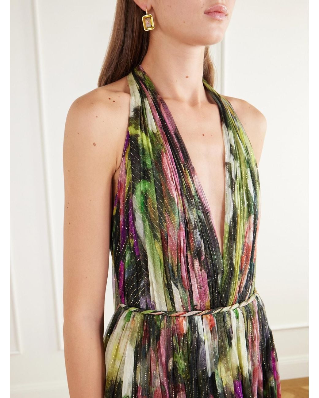 Oscar de la Renta White Belted Tie-Detailed Floral-Print Silk-Blend Chiffon Halterneck Gown