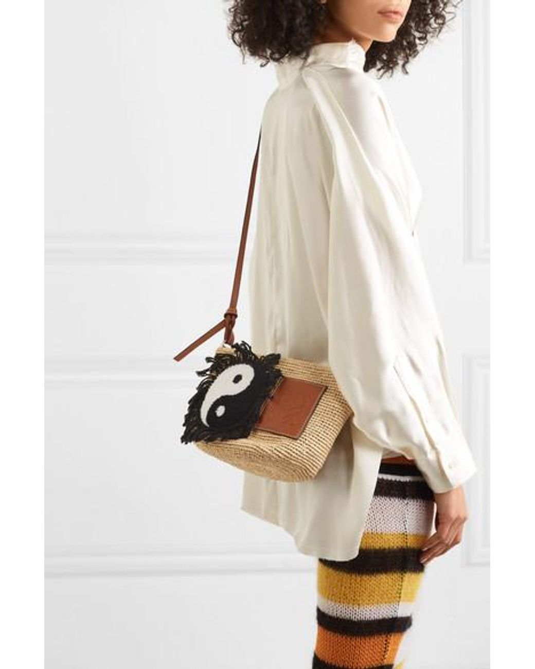 + Paula's Ibiza Pochette leather-trimmed striped raffia shoulder bag