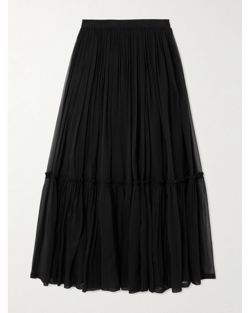 Saint Laurent Black Tiered Gathered Silk-Chiffon Maxi Skirt