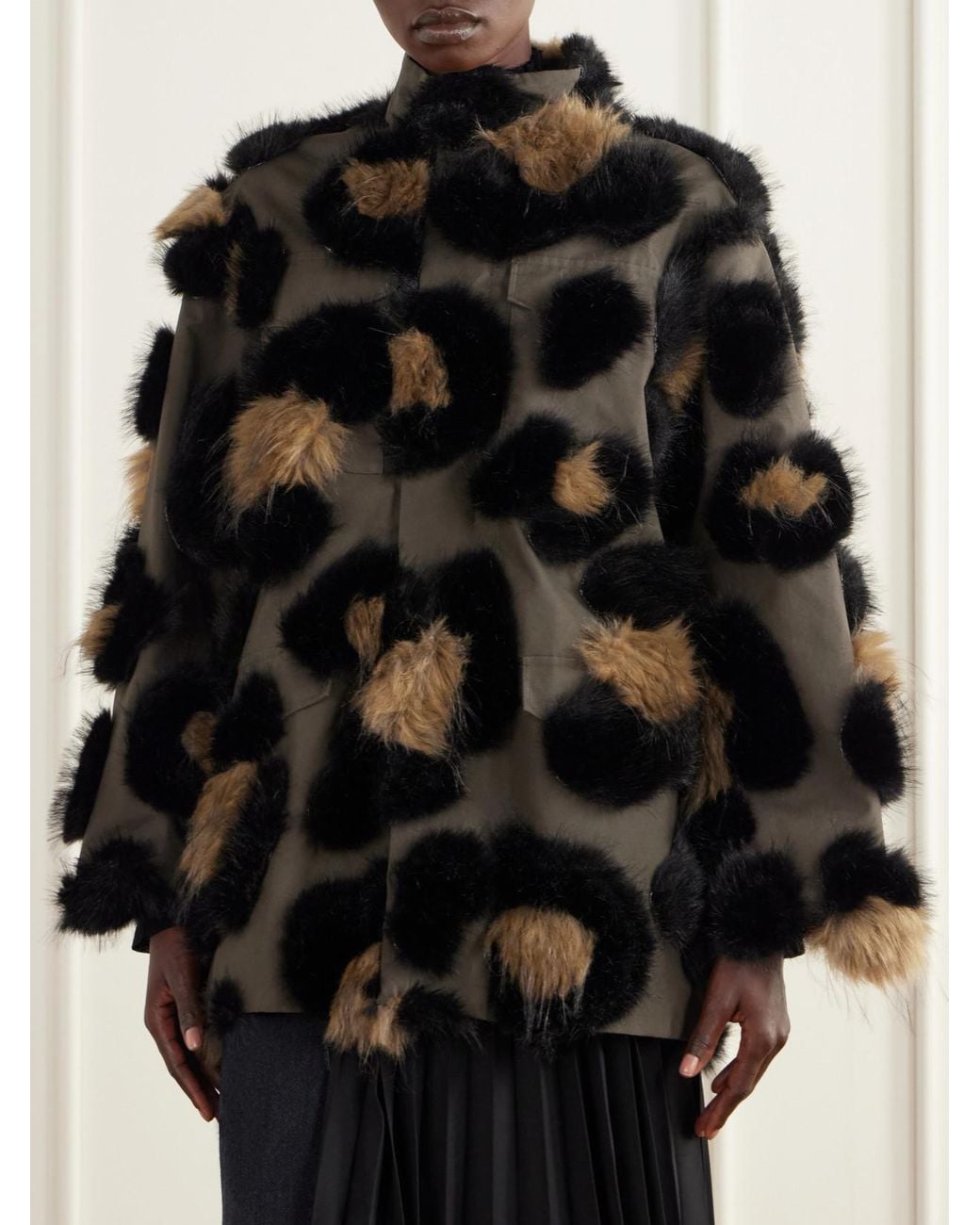 Sacai Black Leopard-Effect Plush-Trimmed Cotton-Twill Jacket