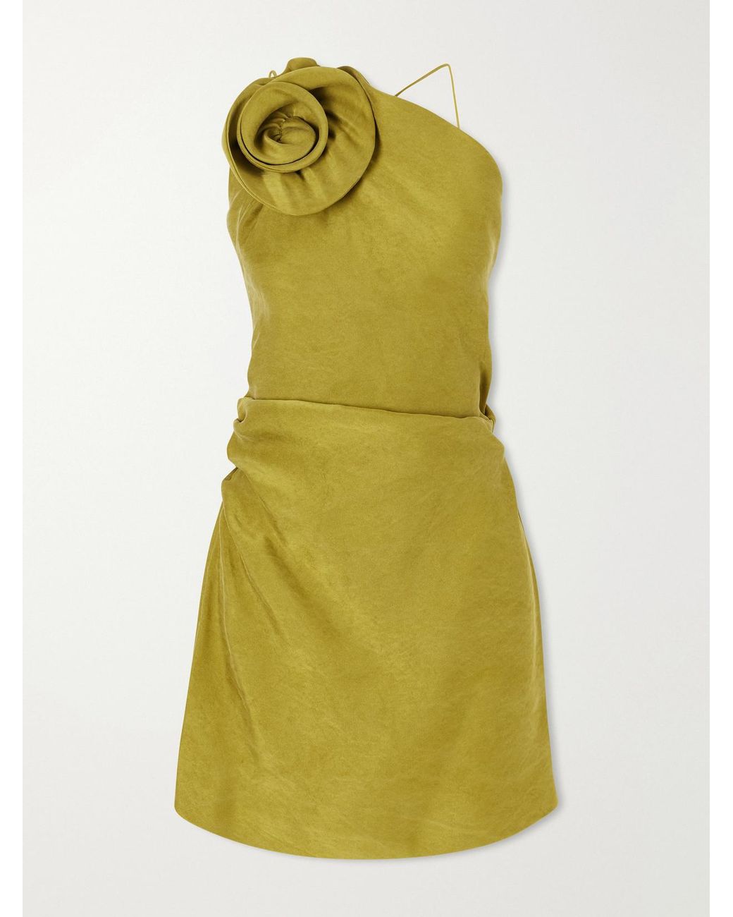 Magda Butrym Green Appliquéd Gathered Silk-Twill Halterneck Mini Dress
