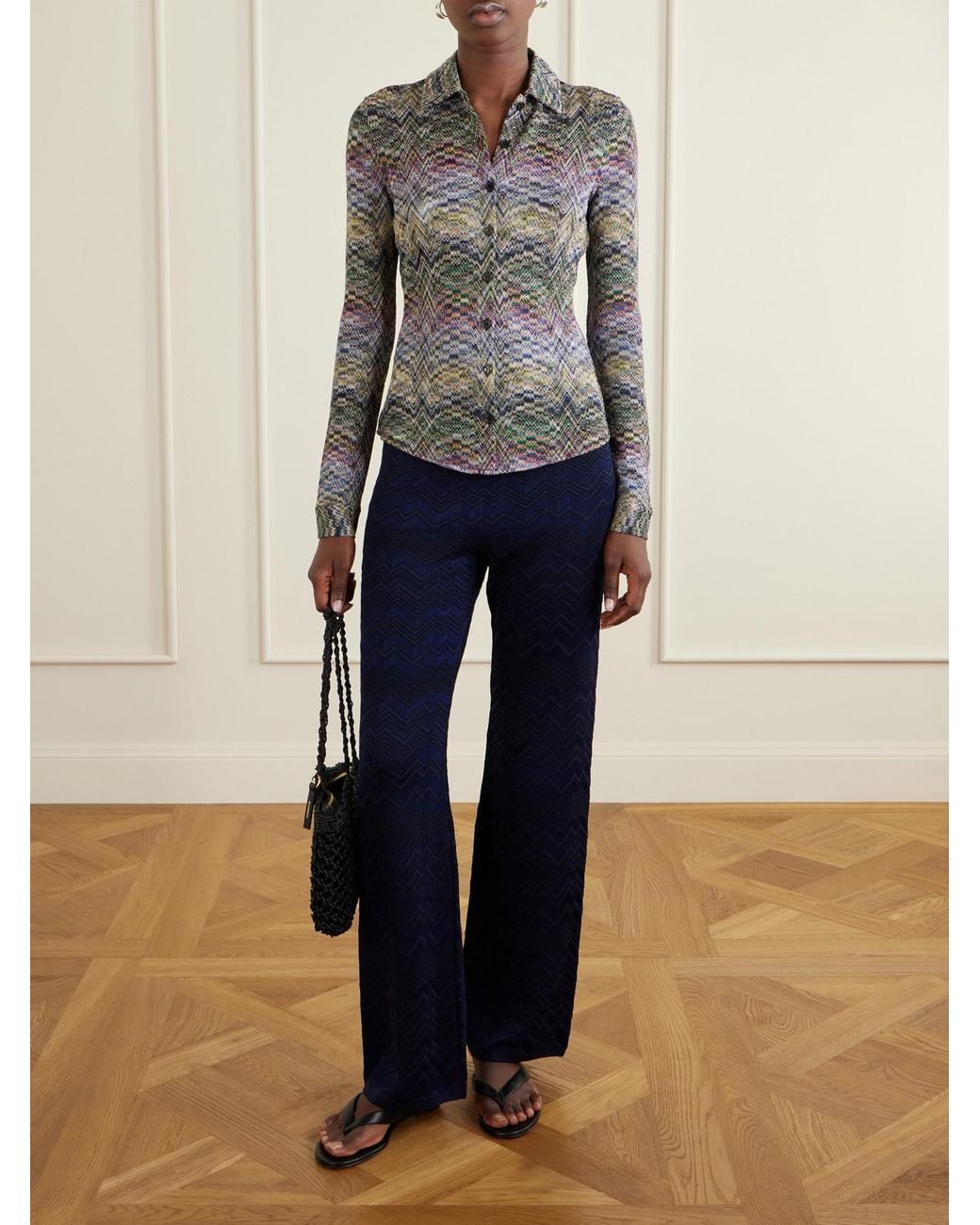 Missoni Blue Striped Crochet-Knit Straight-Leg Pants