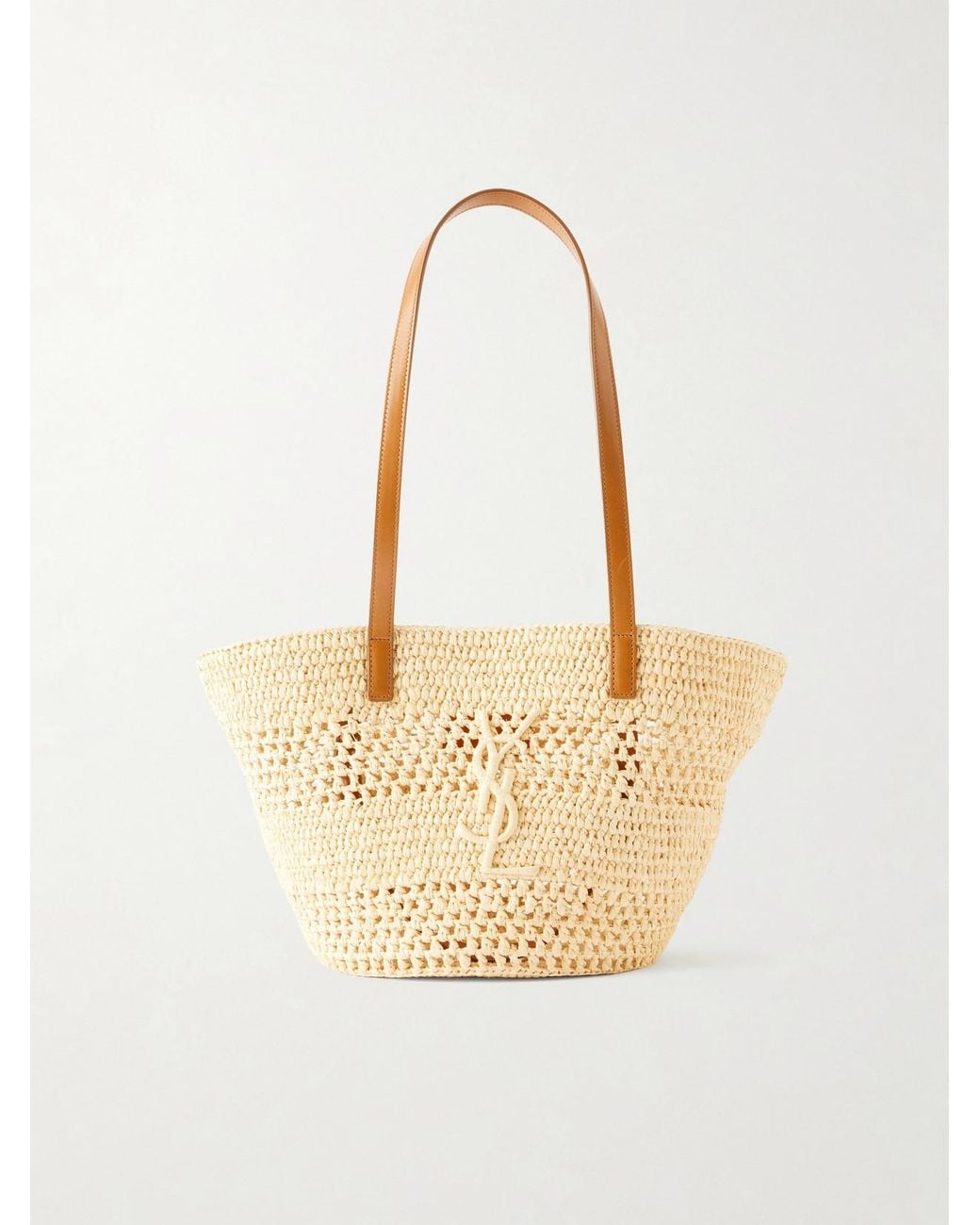 Saint Laurent Natural Panier Small Leather-Trimmed Raffia Tote