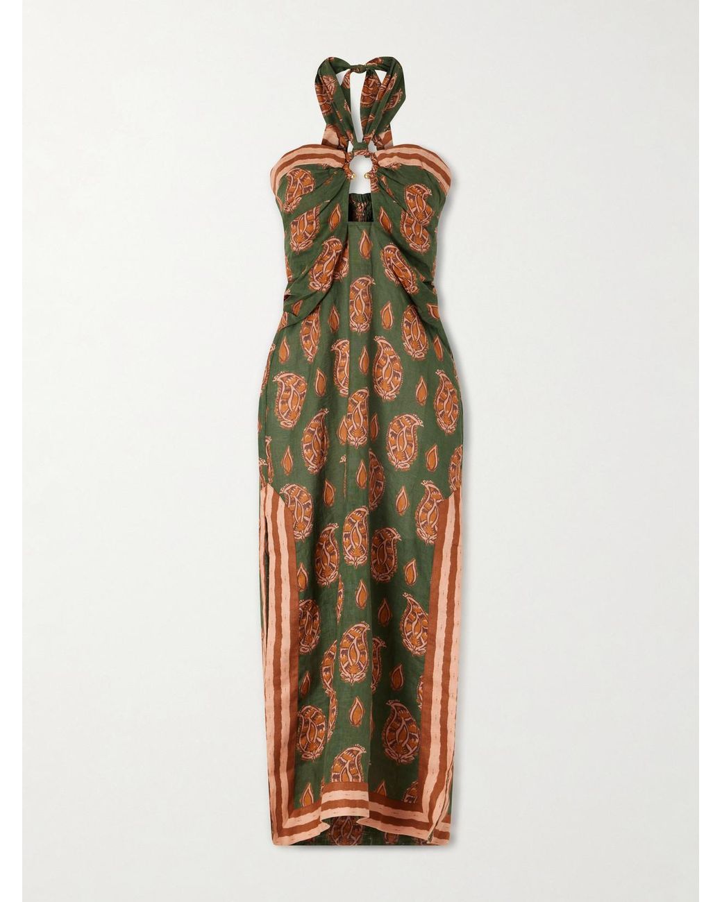 Johanna Ortiz Metallic Desert Heart Embellished Printed Cut-Out Linen Maxi Dress
