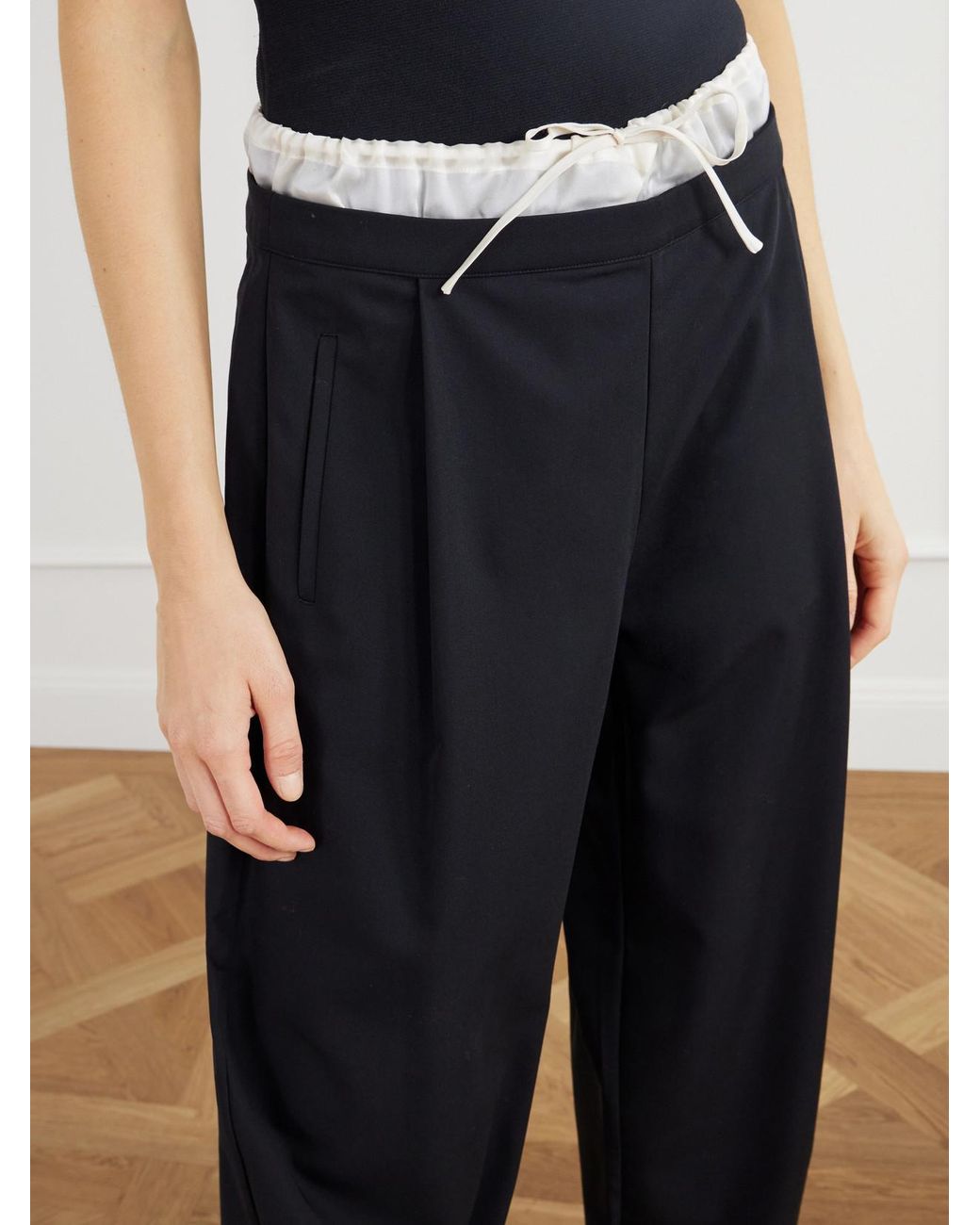 St. Agni Black Satin-Trimmed Wool-Twill Barrel-Leg Pants