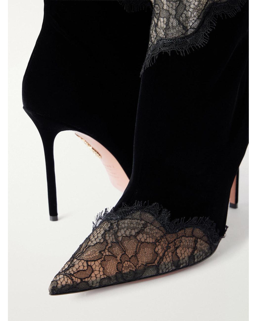 Aquazzura Black Velvet Meadow Bootie 105 Lace-Trimmed Velvet Ankle Boots