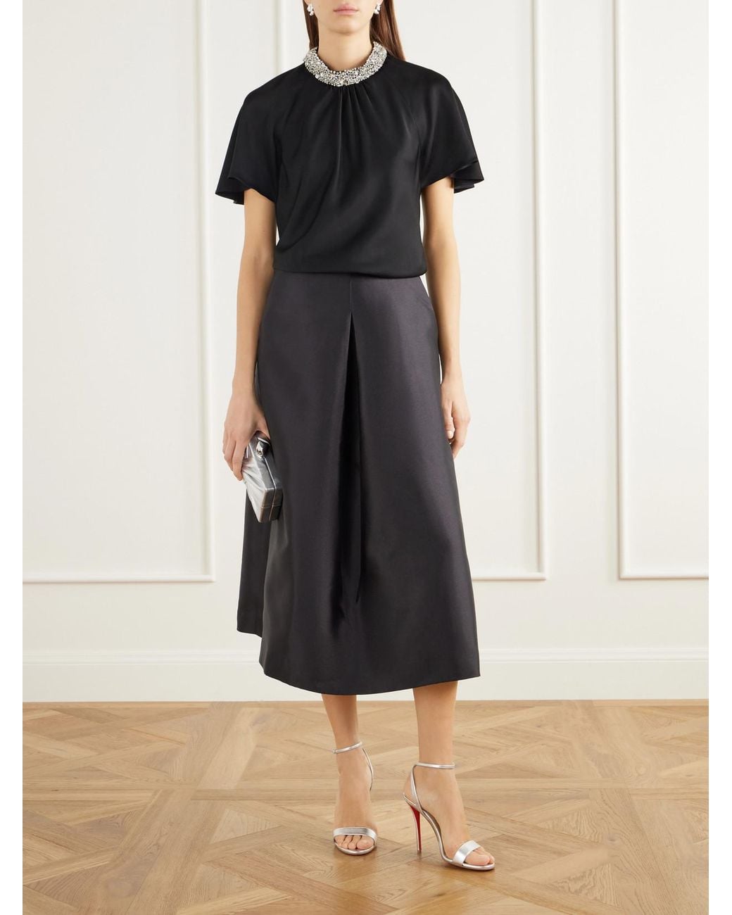 Jonathan Simkhai Black Loreta Crystal-Embellished Satin Blouse