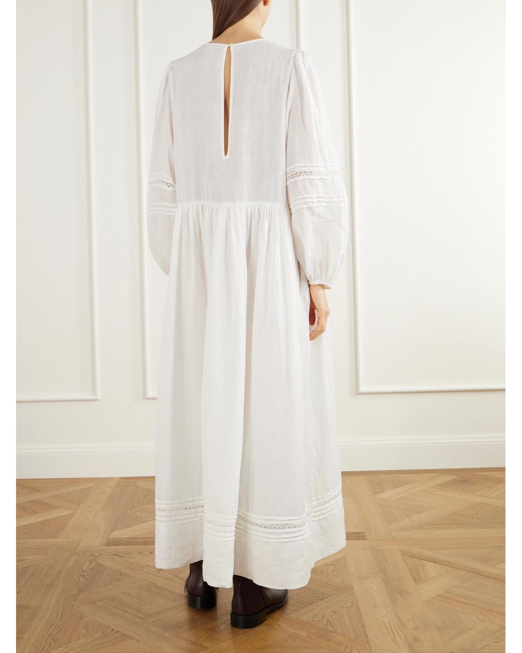 SKALL White Velina Gathered Floral-Embroidered Lace-Trimmed Linen Midi Dress