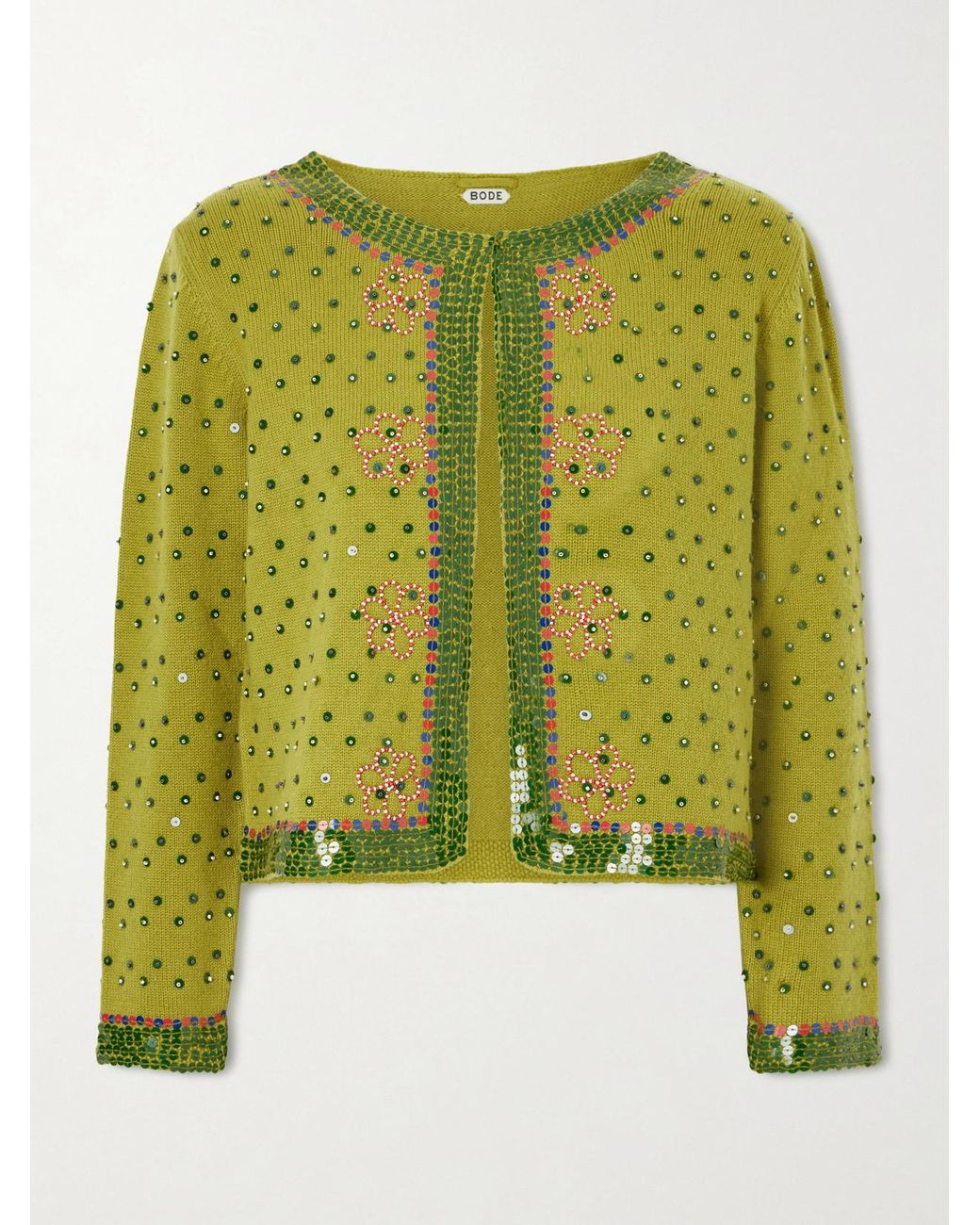 Bode Green Fairy Floss Cropped Embellished Wool And Cashmere-Blend Cardigan