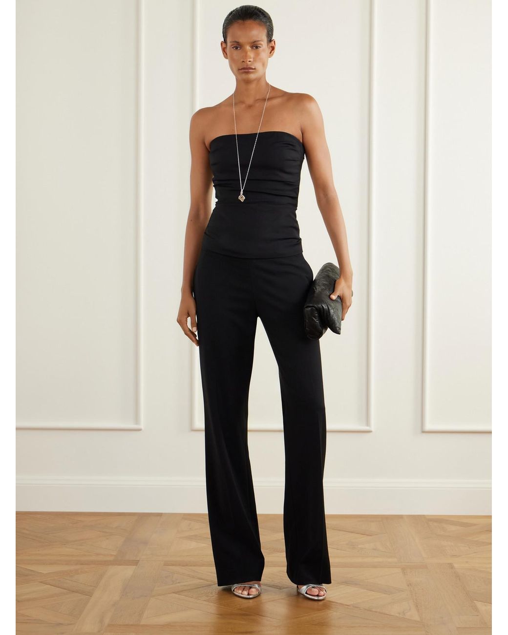 Colleen Allen Black Strapless Gathered Stretch Wool-Blend Tank