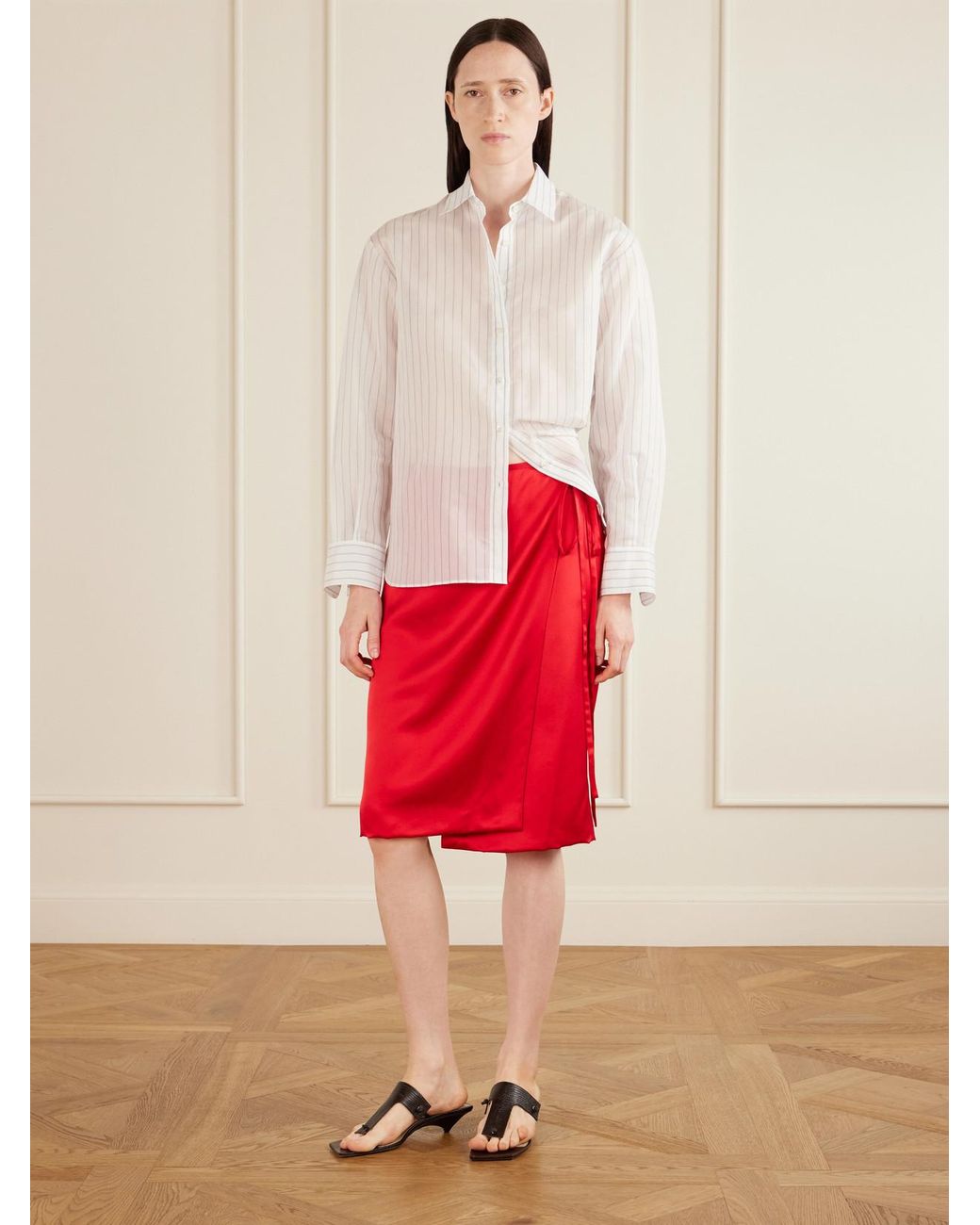 Aflalo Red Rixa Satin Wrap Midi Skirt