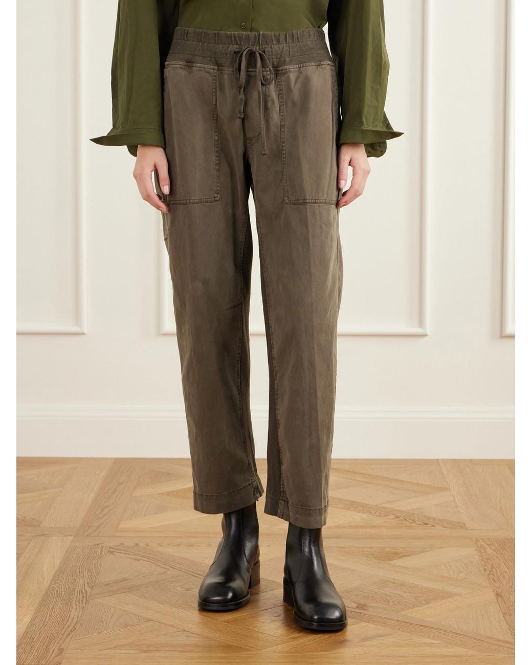 James Perse Green Rib-Trimmed Cotton-Twill Tapered Pants
