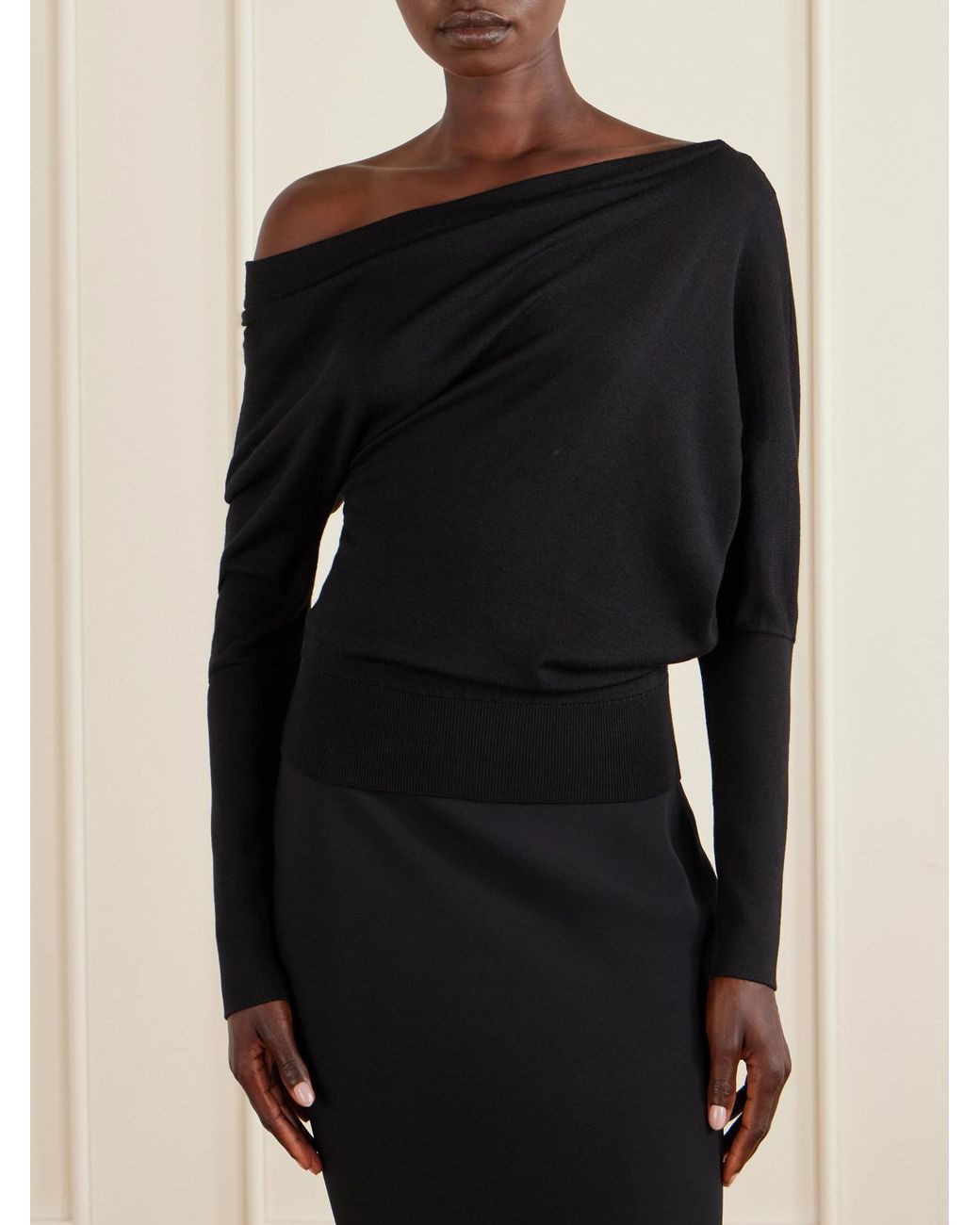 Tom Ford Black Off-The-Shoulder Wool And Silk-Blend Top