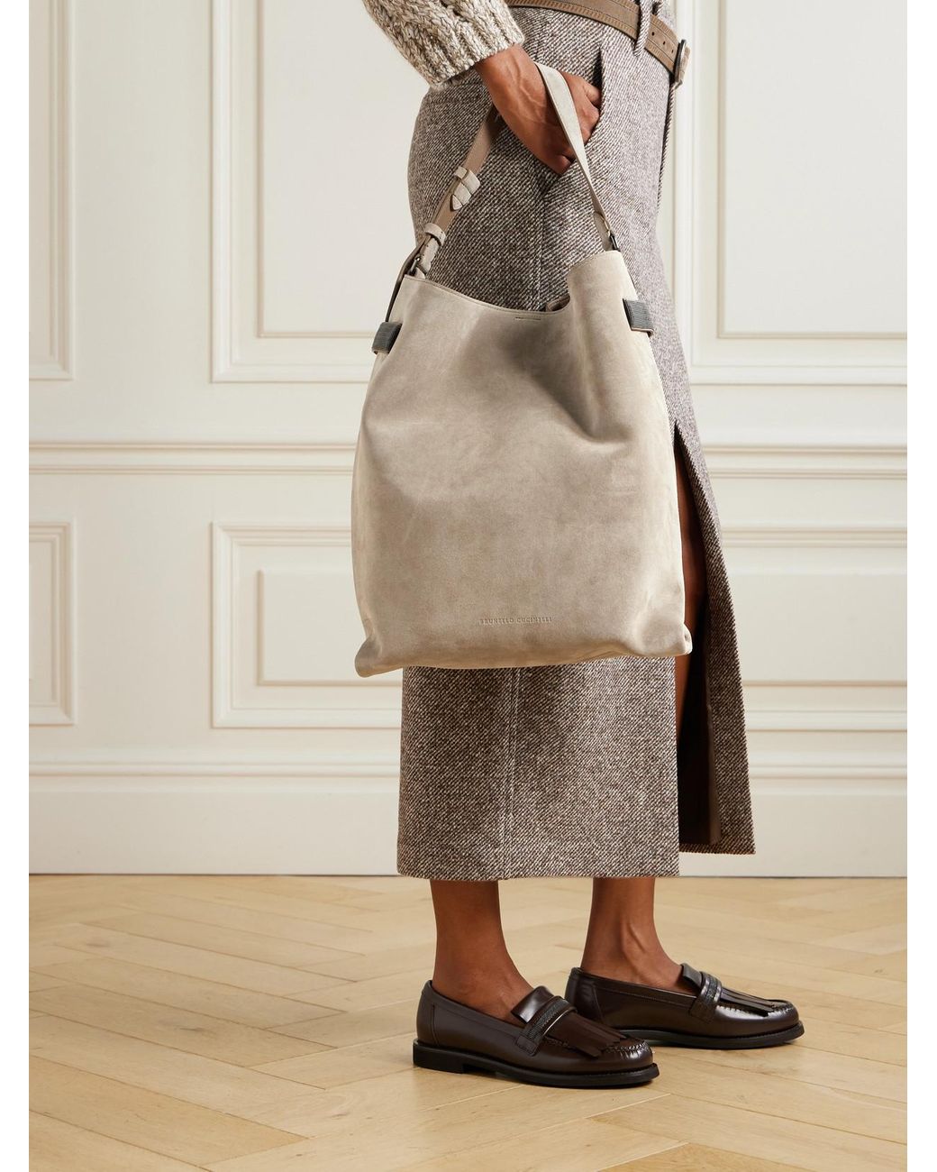 Brunello Cucinelli Natural Bead-Embellished Suede Shoulder Bag