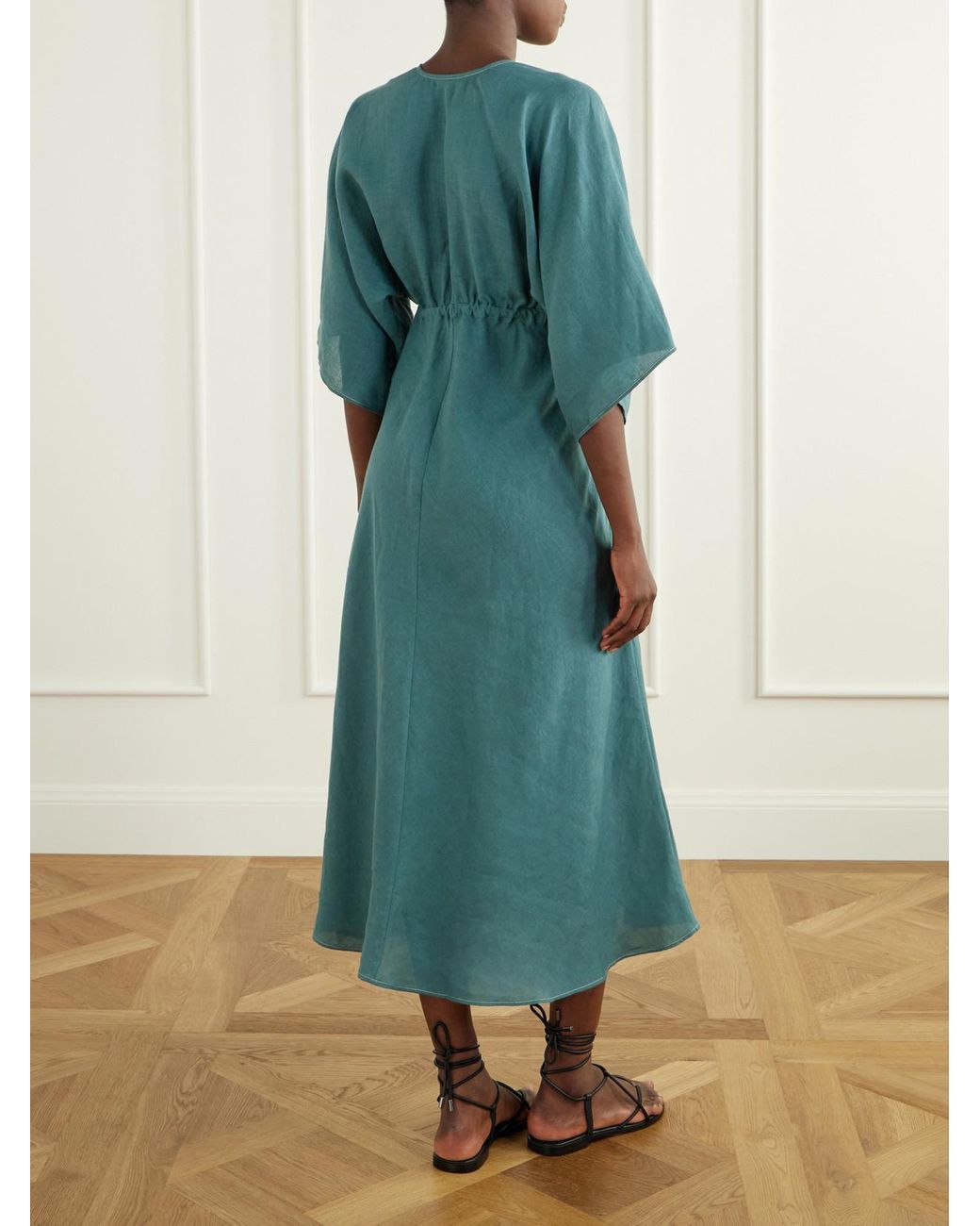 Eres Green Brilliance Gathered Linen Midi Dress
