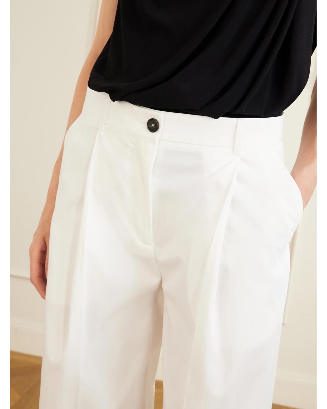 Totême White Pleated Cotton Wide-Leg Pants