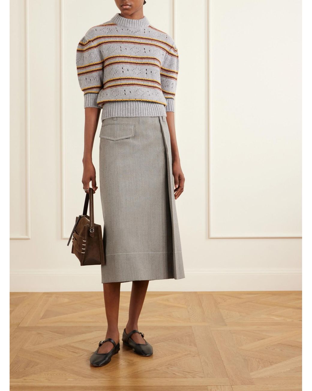 Marni Gray Pleated Virgin-Wool Midi Skirt