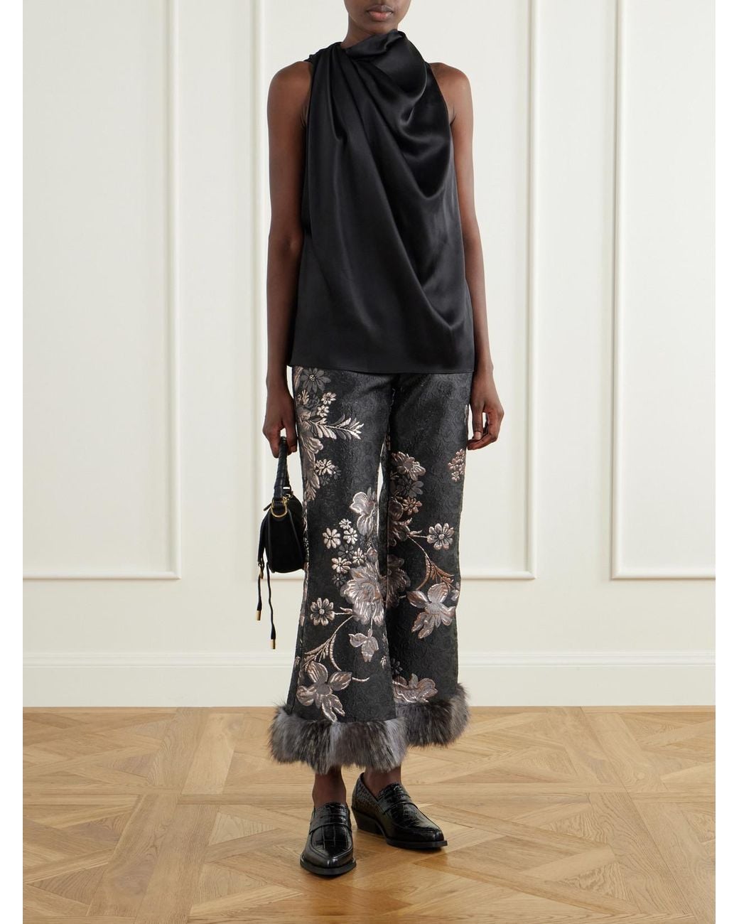 Anna Sui Black Plush-Trimmed Arcadia Brocade Flared Pants