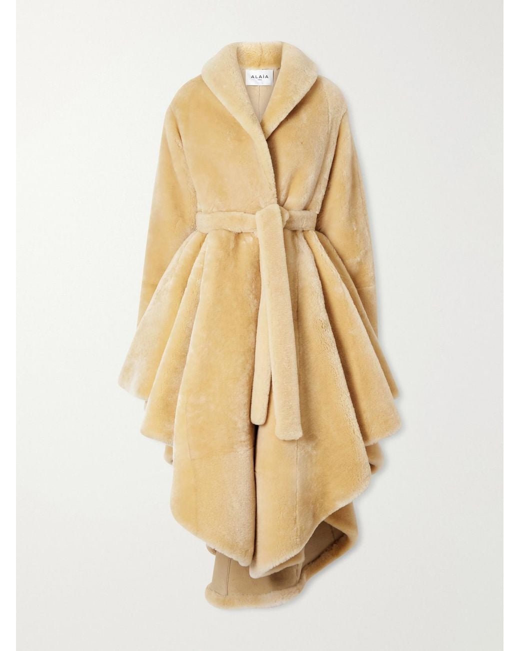 Alaïa Natural Asymmetric Belted Flared Shearling Coat