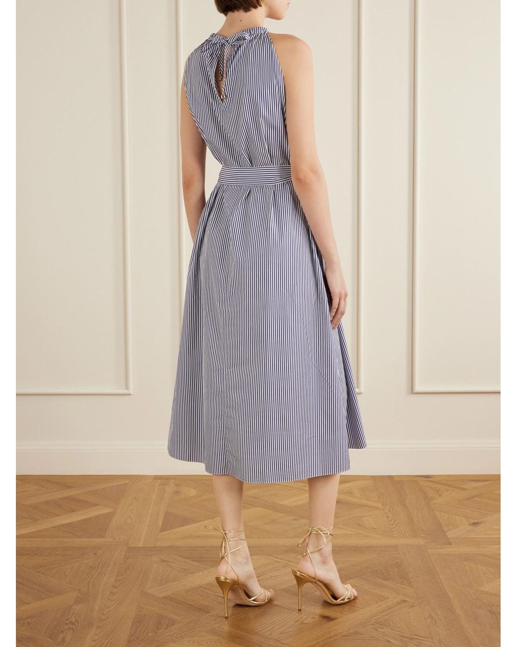 Carolina Herrera Blue Belted Striped Embroidered Cotton-Poplin Halterneck Midi Dress