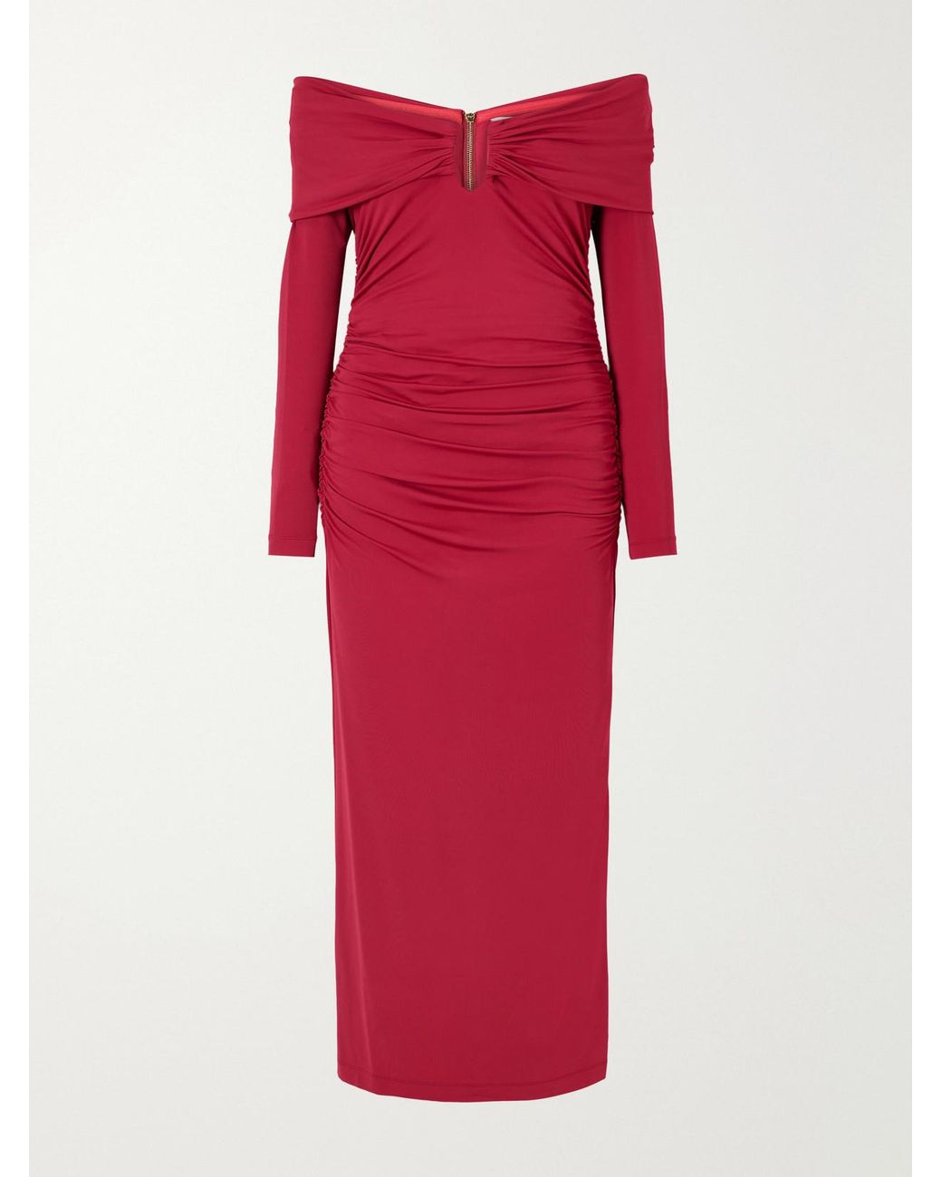Carolina Herrera Red Draped Off-Shoulder Jersey-Stretch Midi Dress