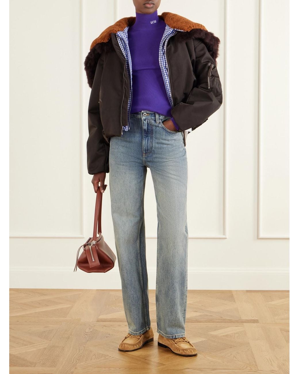 Loewe Black Gathered Shearling And Twill-Trimmed Shell Bomber Jacket