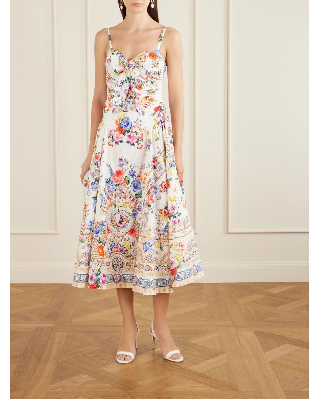 Camilla White Ballerina Tie-Detailed Cutout Ruched Floral-Print Cotton-Blend Midi Dress