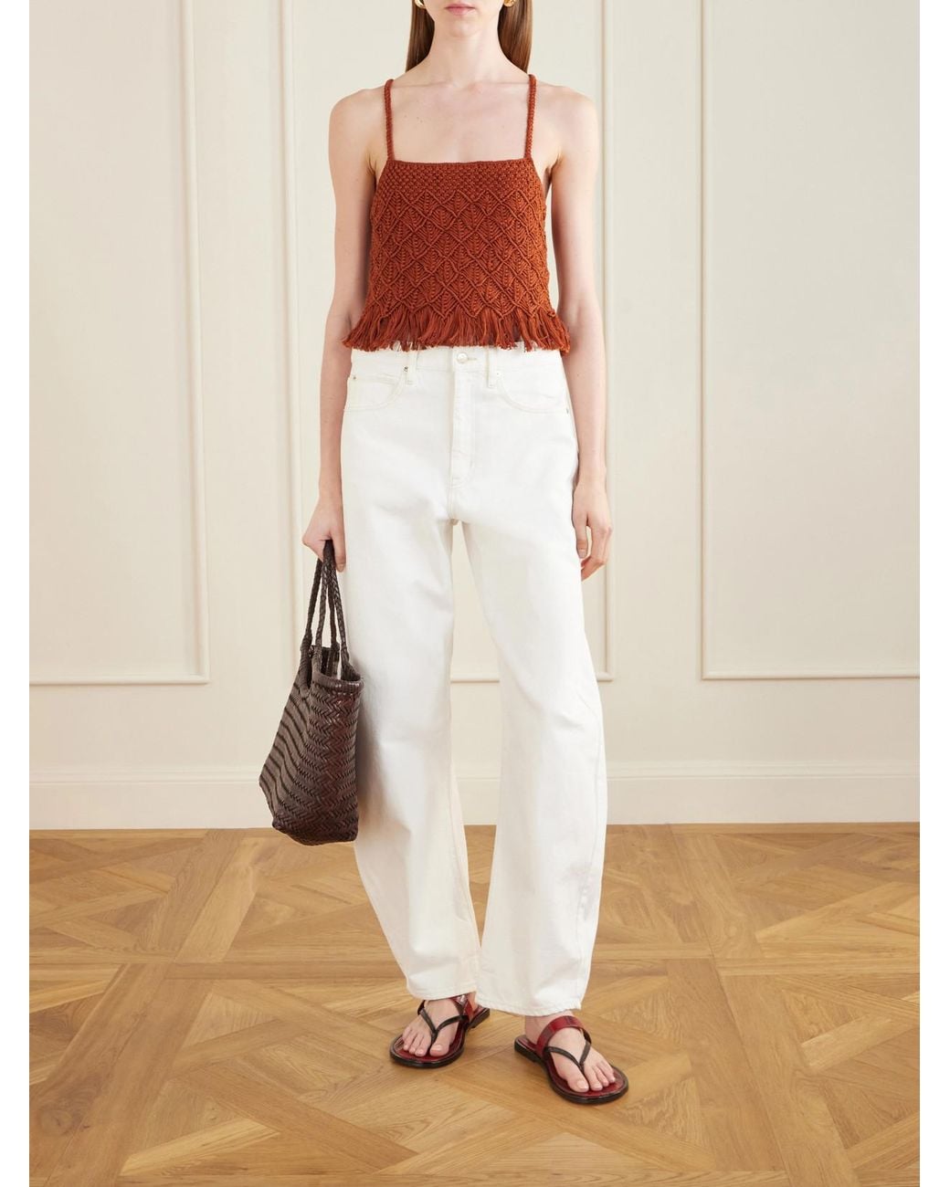 Escvdo Red Cantor Fringed Macramè Cotton Top