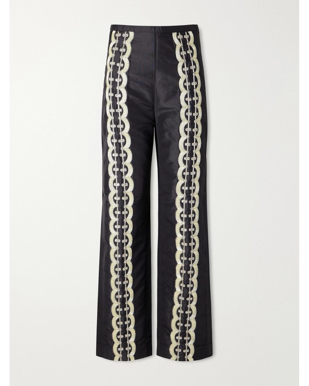 Kallmeyer Black Nadja Embellished Silk Satin Straight-Leg Pants