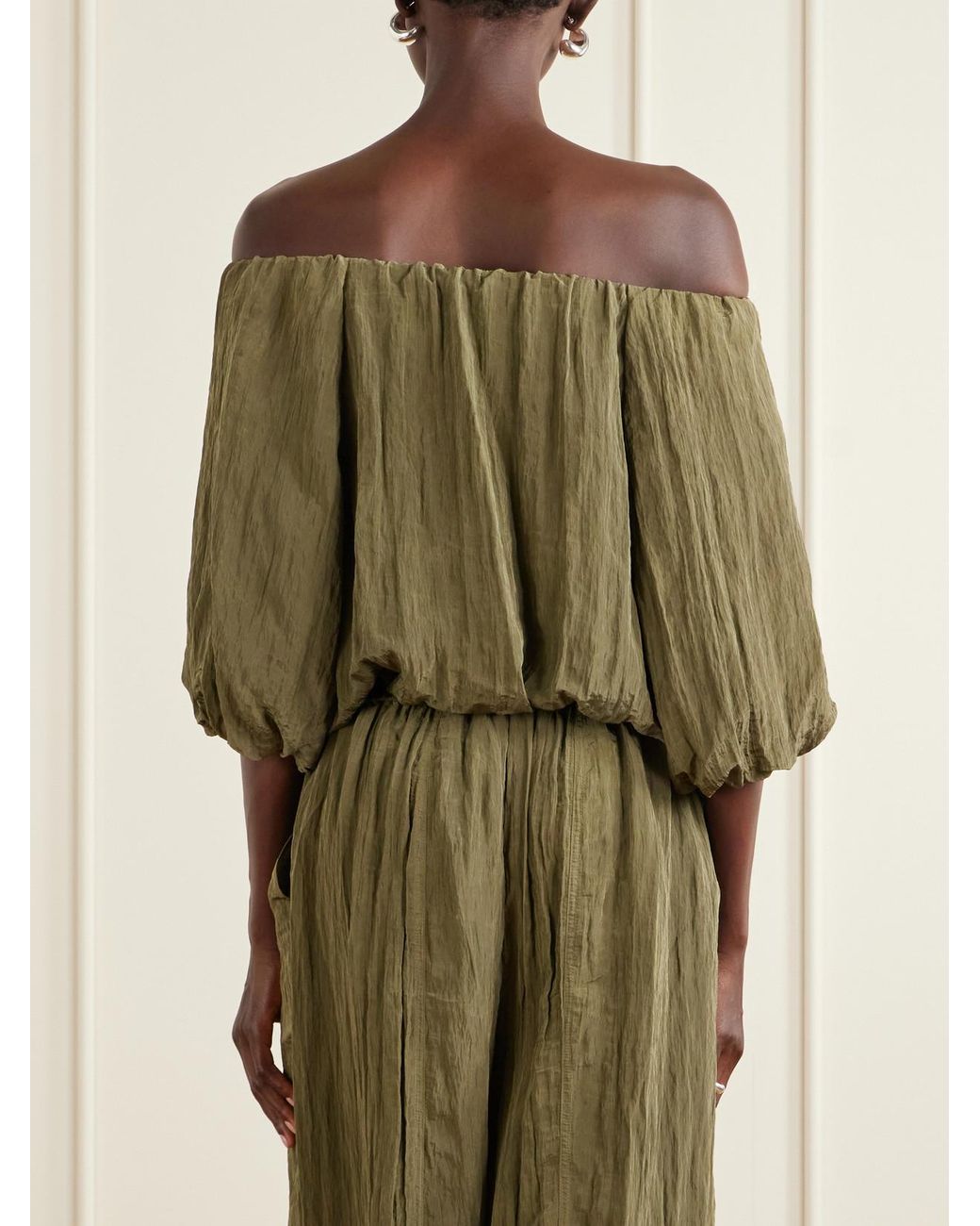 Jonathan Simkhai Green Anni Cropped Gathered Crepon Blouse