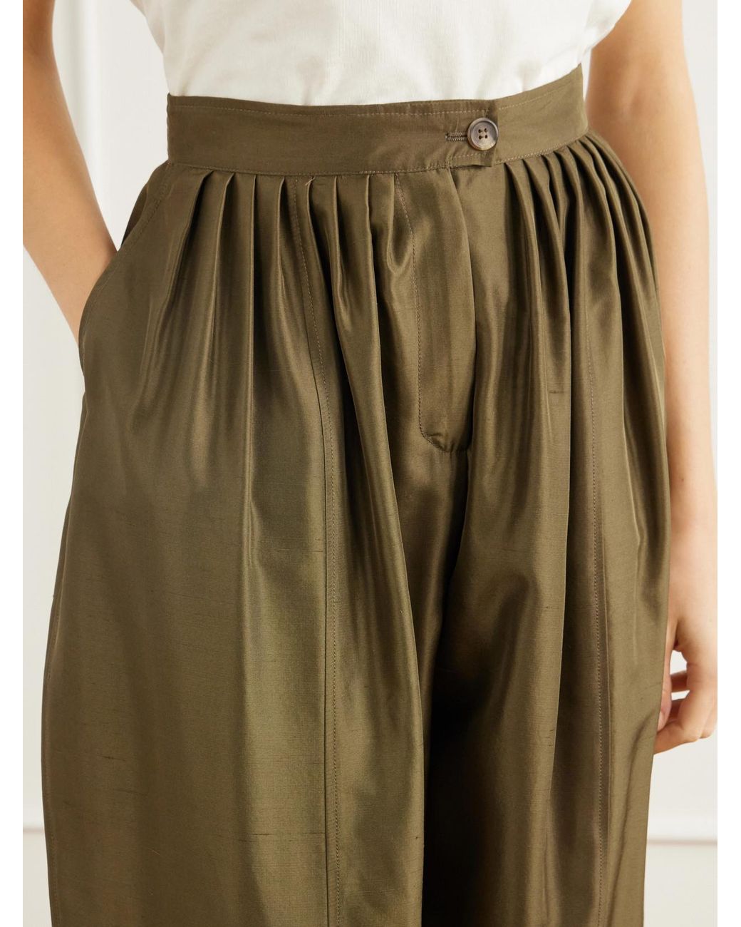 LaDoubleJ Green Harem Pleated Silk-Shantung Tapered Pants