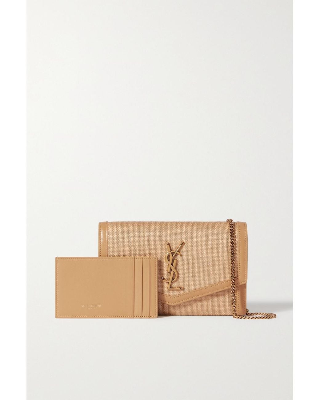 Saint Laurent Natural Uptown Micro Leather-Trimmed Raffia Shoulder Bag