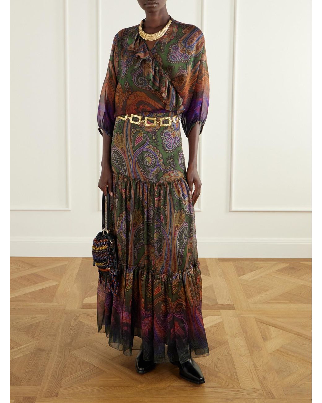 Etro Black Kalispera Fringed Bead-Embellished Leather-Trimmed Sequined Drawstring Bag