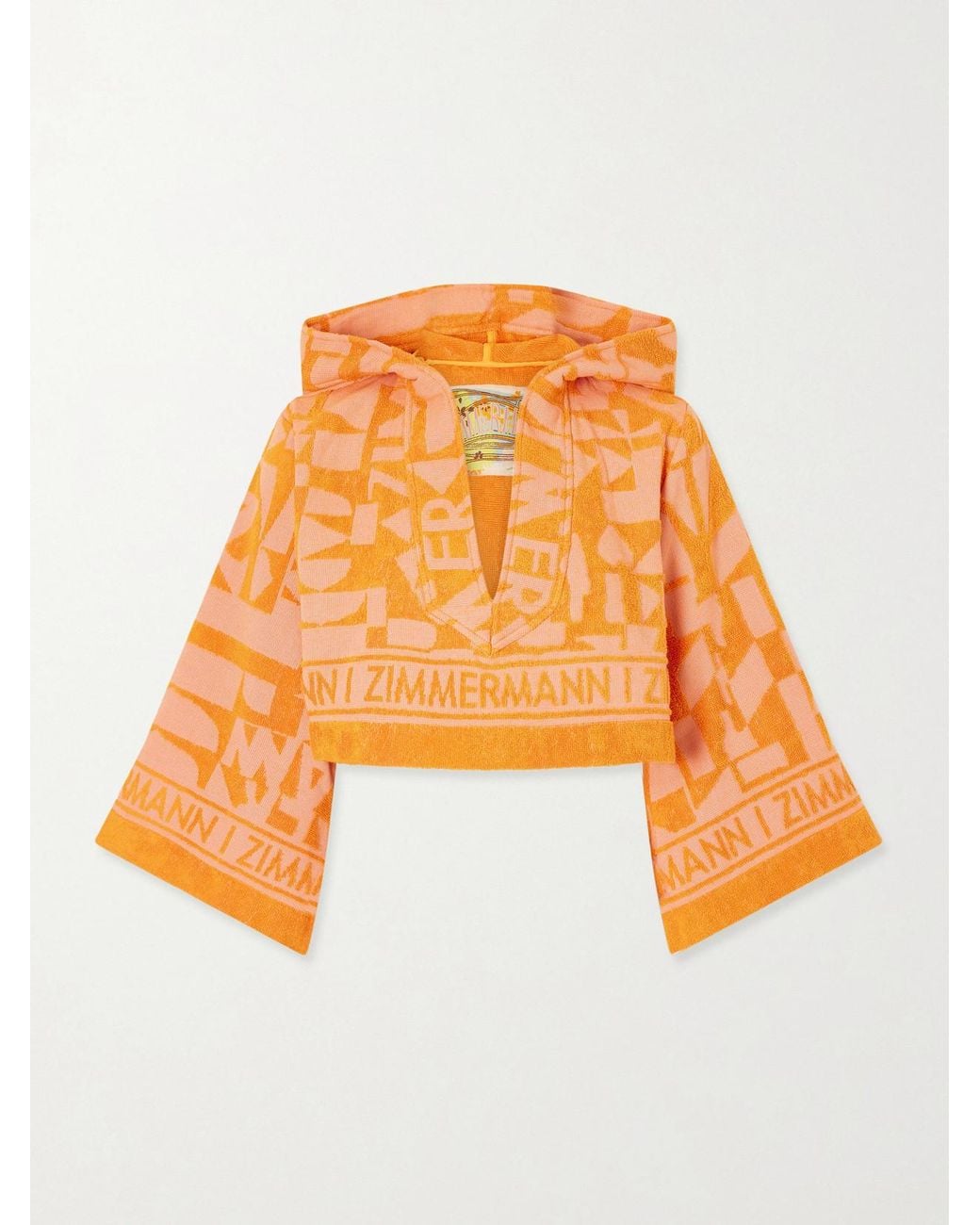 Zimmermann Orange Solstice Hooded Cropped Jacquard-Knit Cotton-Terry Top