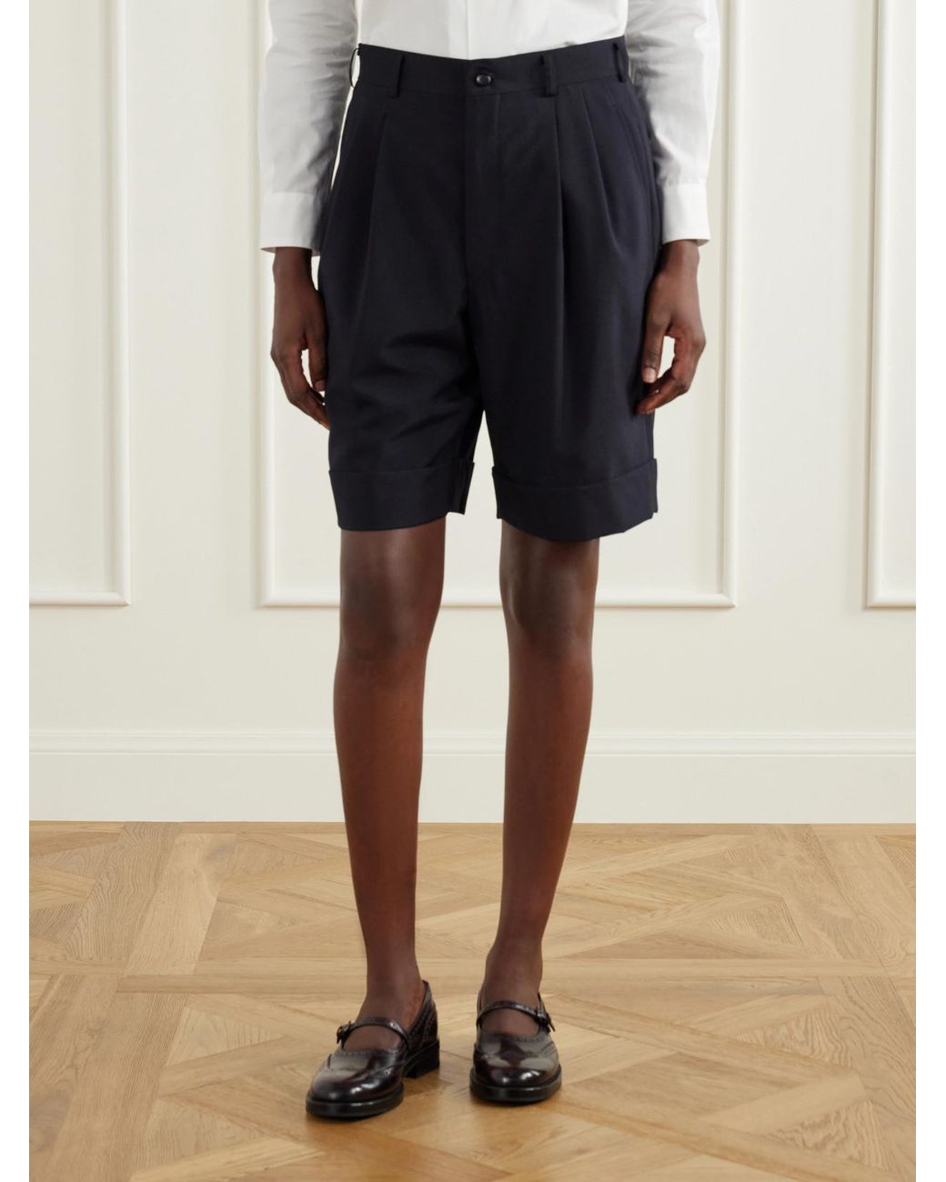 Comme des Garçons Blue Pleated Wool Shorts