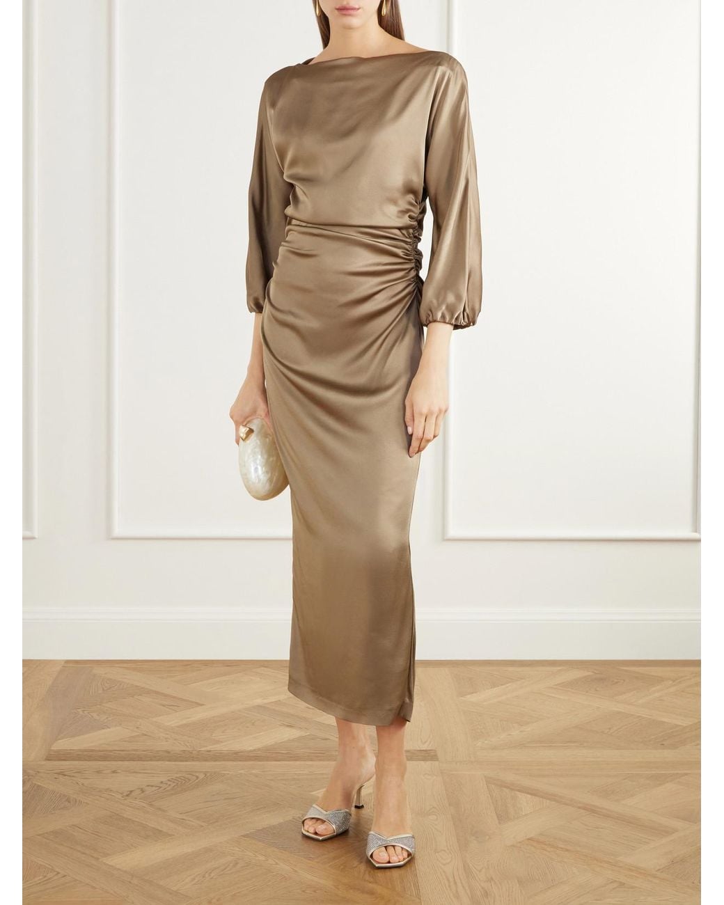 BERNADETTE Natural Ezra Ruched Satin Midi Dress