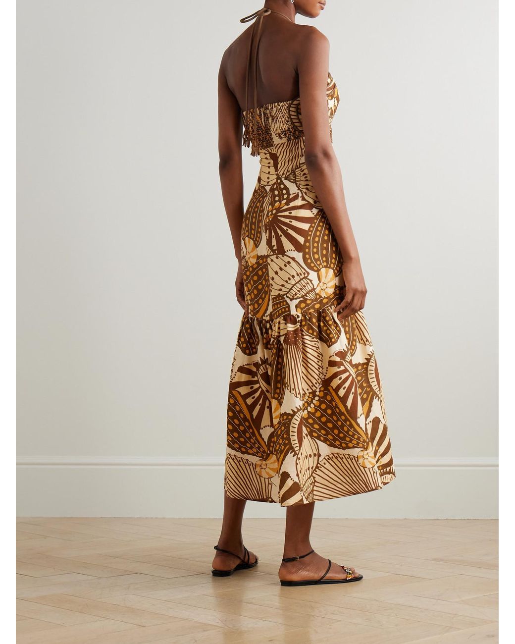 FARM Rio Tasseled Shirred Printed Linen Halterneck Maxi Dress in Natural |  Lyst