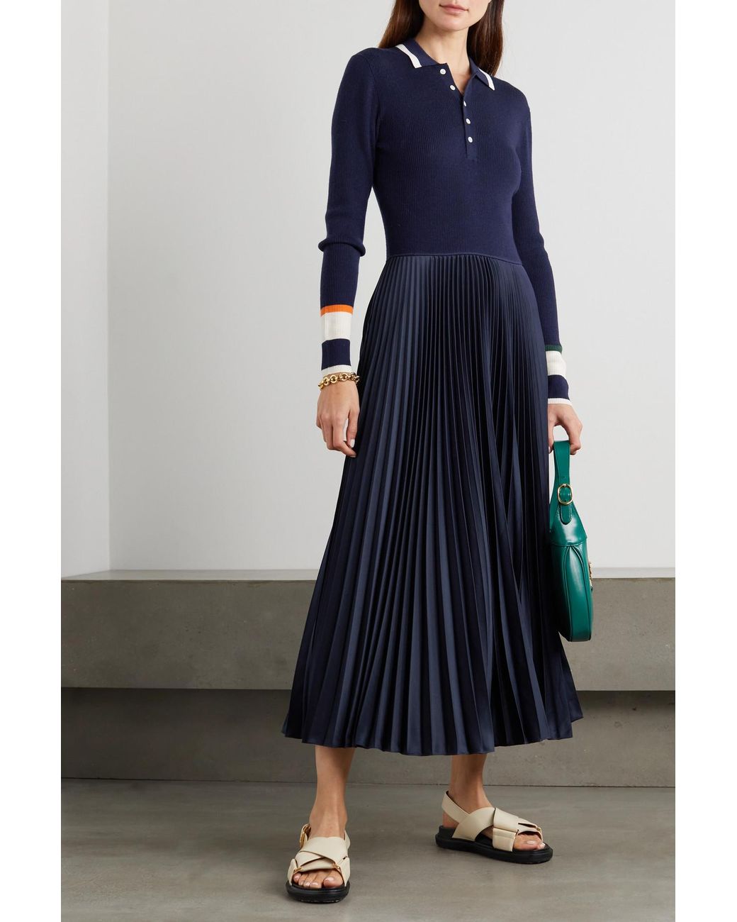 Polo Ralph Lauren Striped Wool-jersey And Pleated Satin Midi Dress in Blue  | Lyst