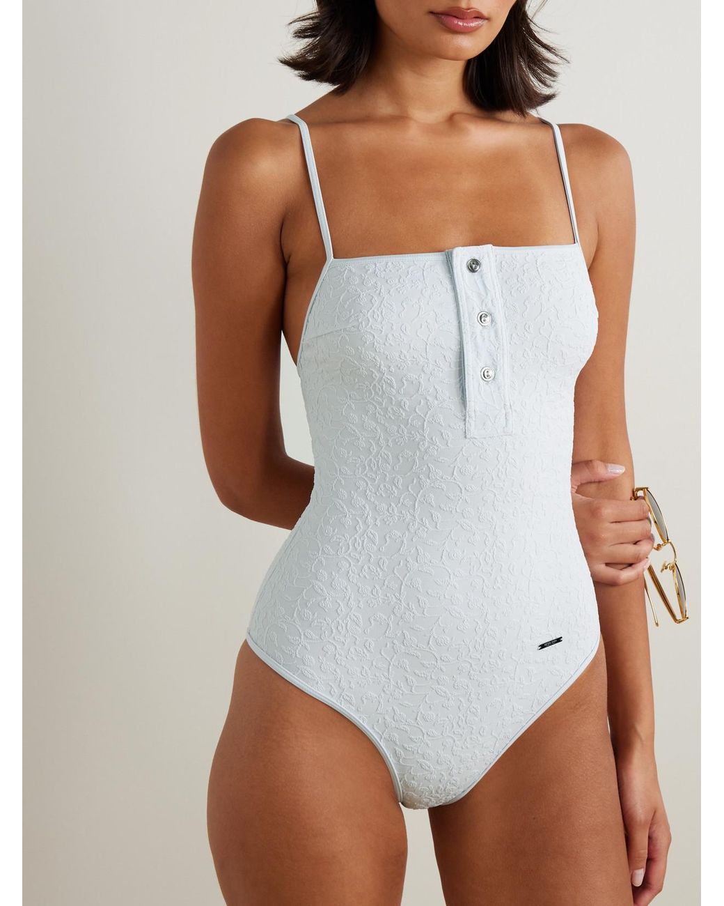 Bottega Veneta Blue Button-Detailed Floral Cloqué Swimsuit