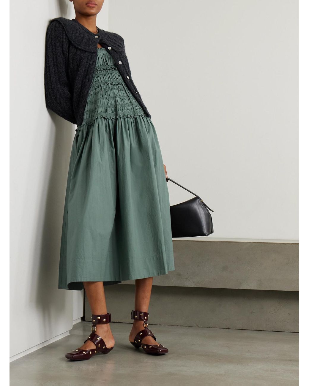 slim fit dress slacks Green Satin Puff Sleeve Quinn Midi Dress main image 0