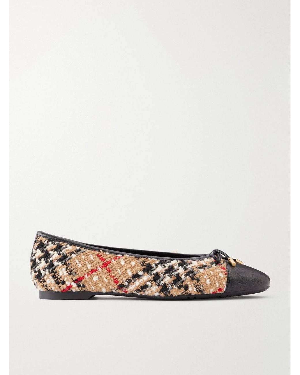 Burberry Natural Checked Leather-Trimmed Bouclé Ballet Flats