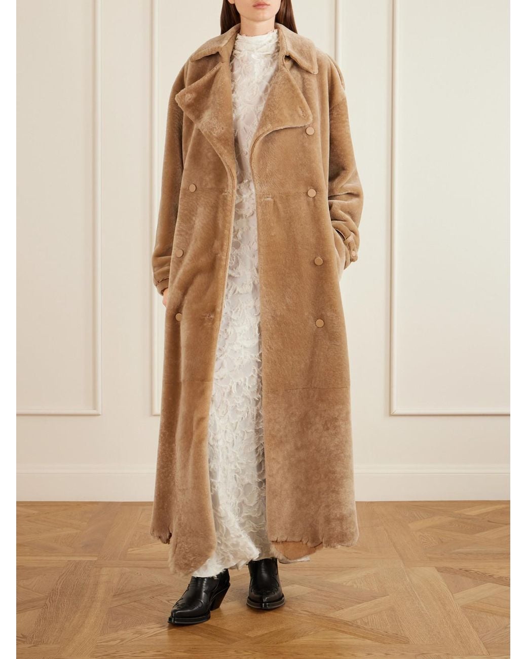 Gabriela Hearst Natural Tellus Belted Double-Breasted Leather-Trimmed Shearling Coat