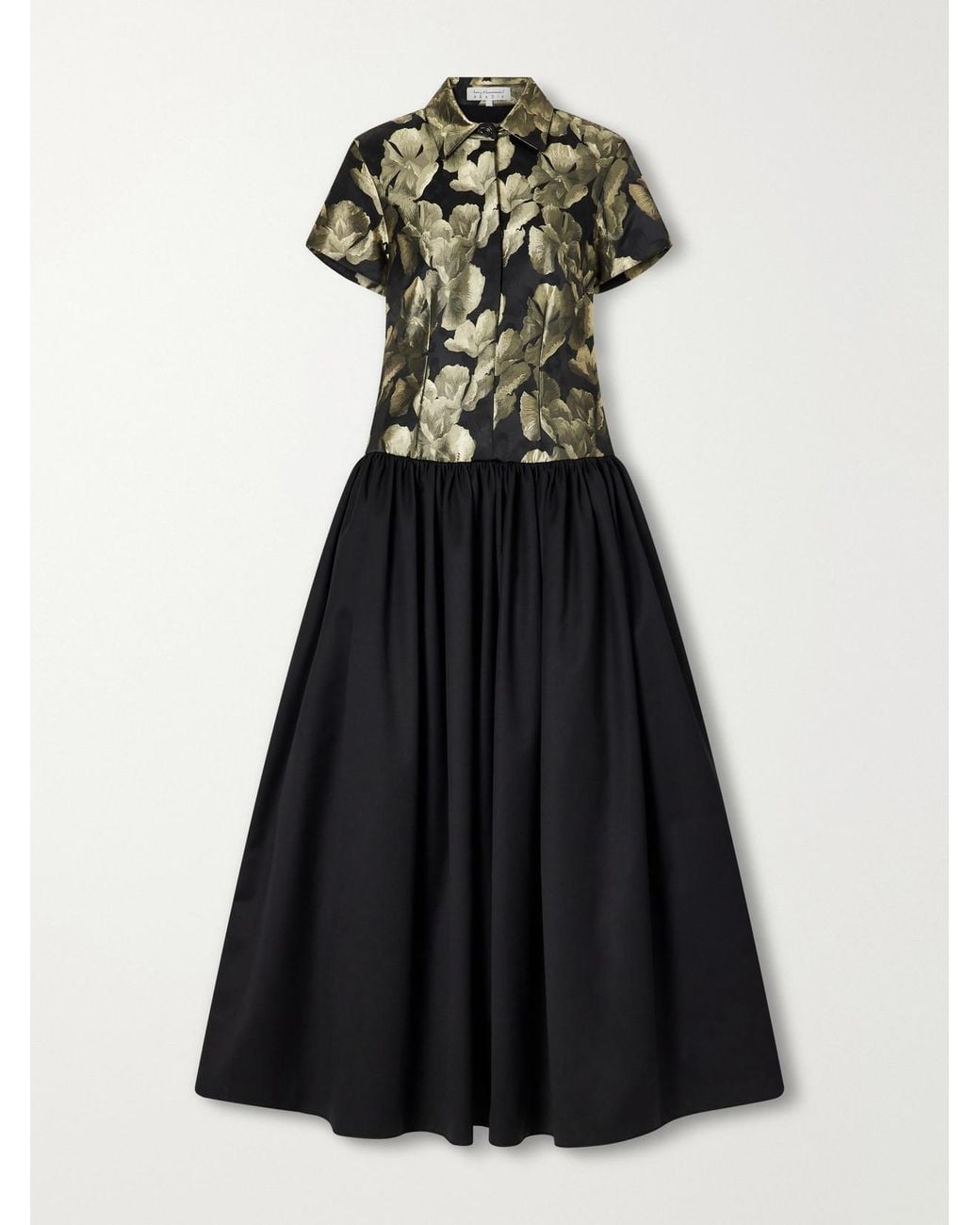 Abadia Black Gathered Floral-Brocade And Twill Midi Dress