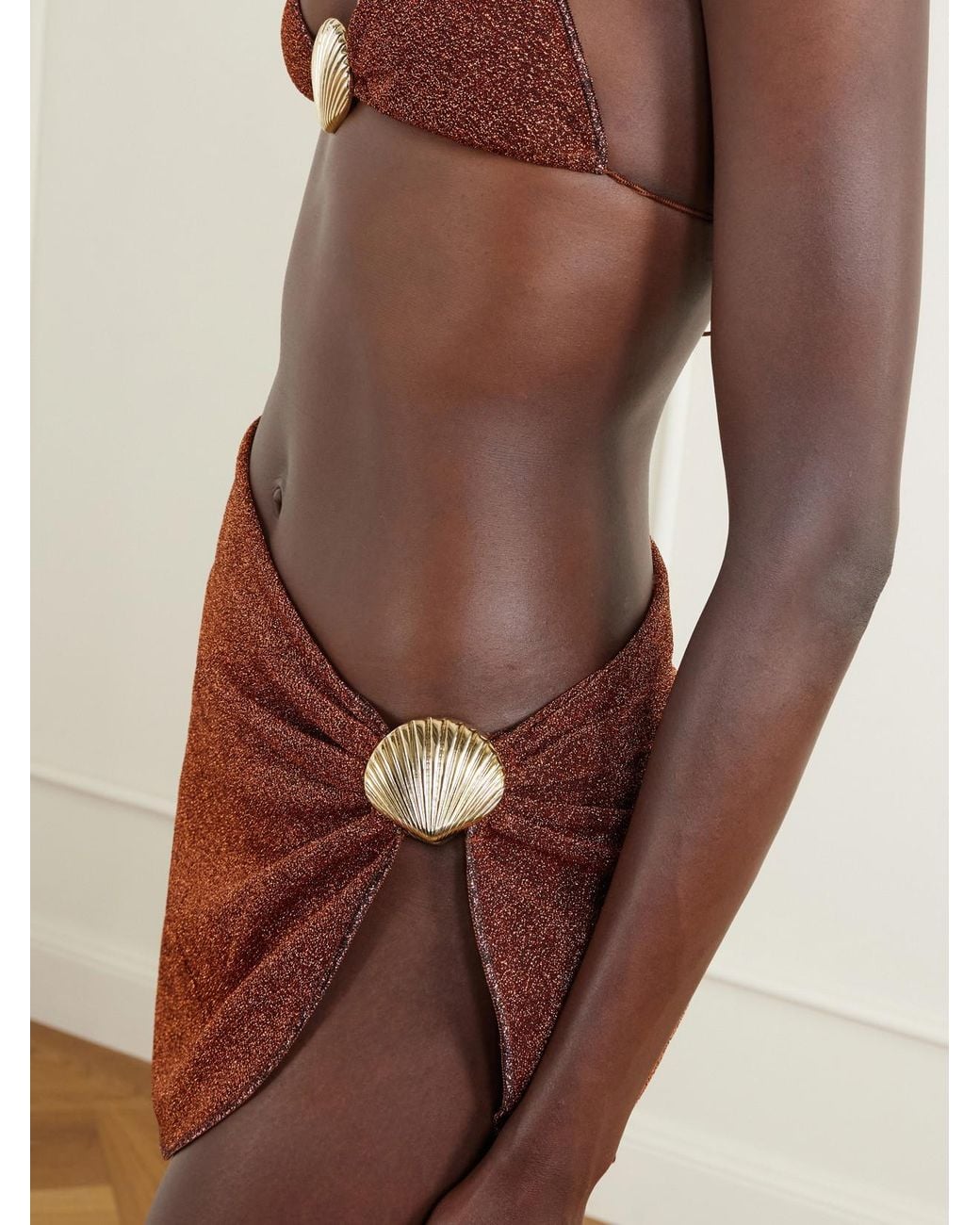 Oseree Brown Lumière Metallic Embellished Lurex Pareo
