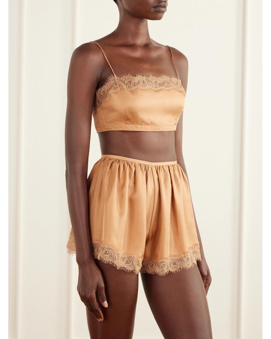 Ulla Johnson Natural Leiko Cropped Chantilly Lace-Trimmed Silk-Twill Top