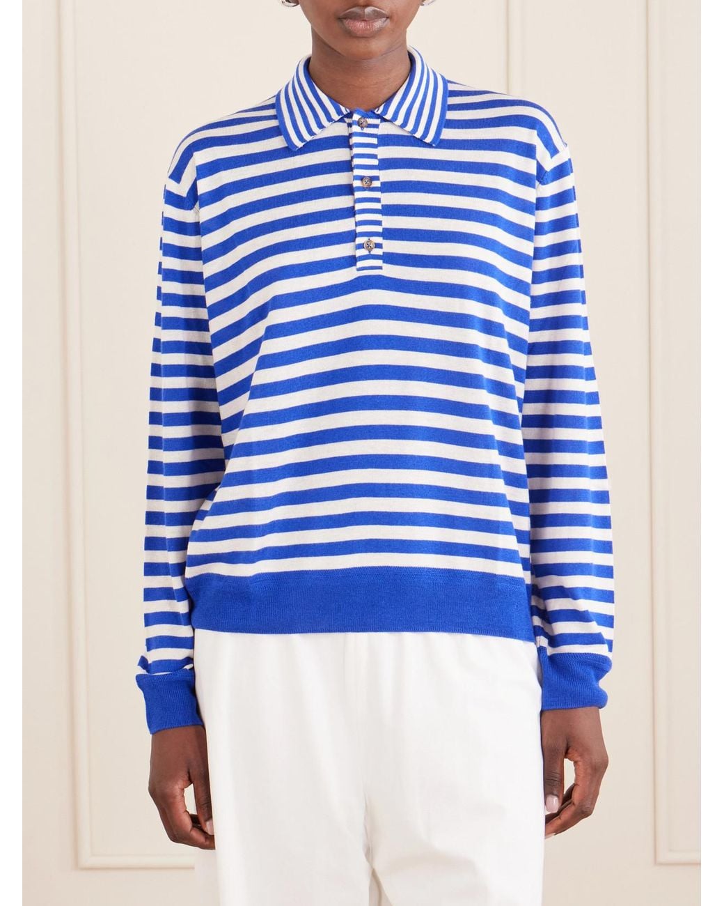 La Ligne Blue Ben Striped Silk, Wool And Cashmere-Blend Polo Sweater